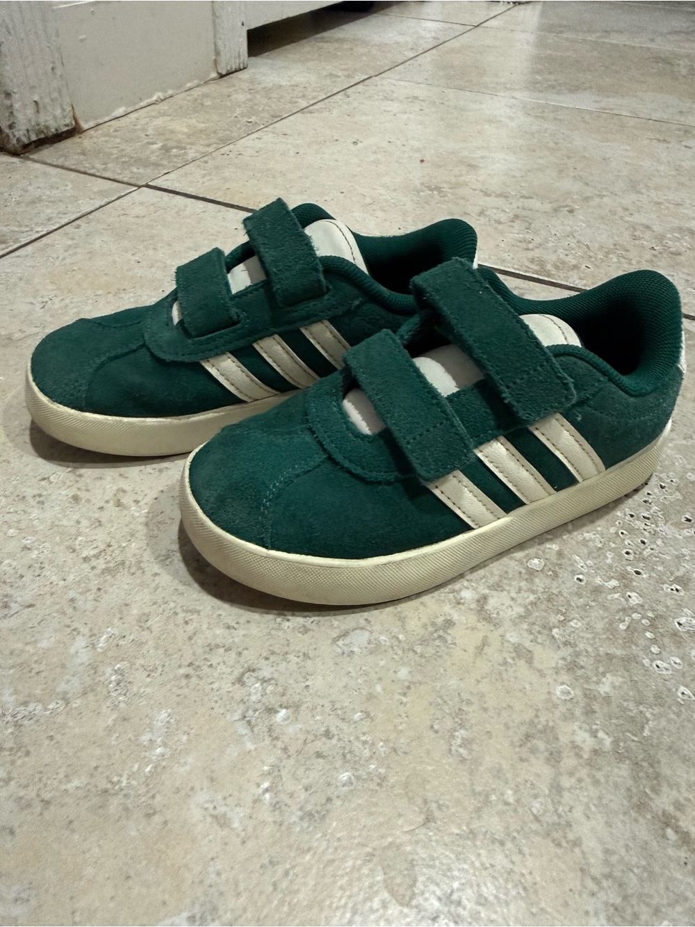 adidas Kids Dark Green Suede Velcro Sneakers with White Stripes
